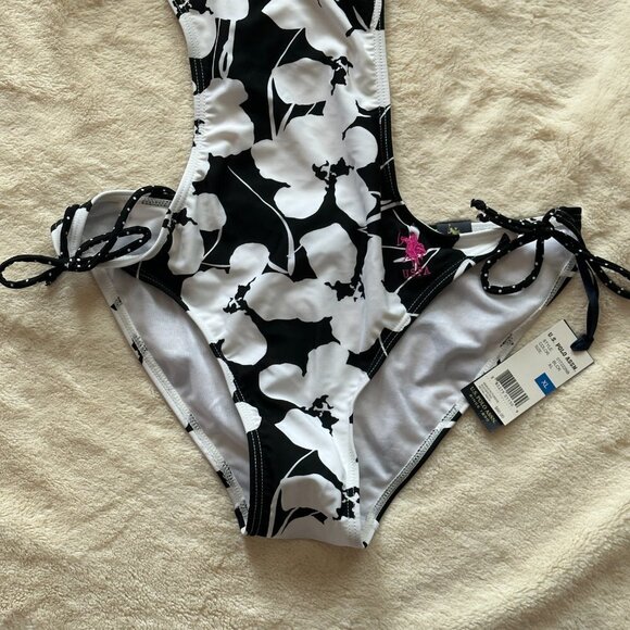 Women's XL NWT US Polo Assn. Swimsuit Black White Floral Cutouts Halter - Picture 7 of 14